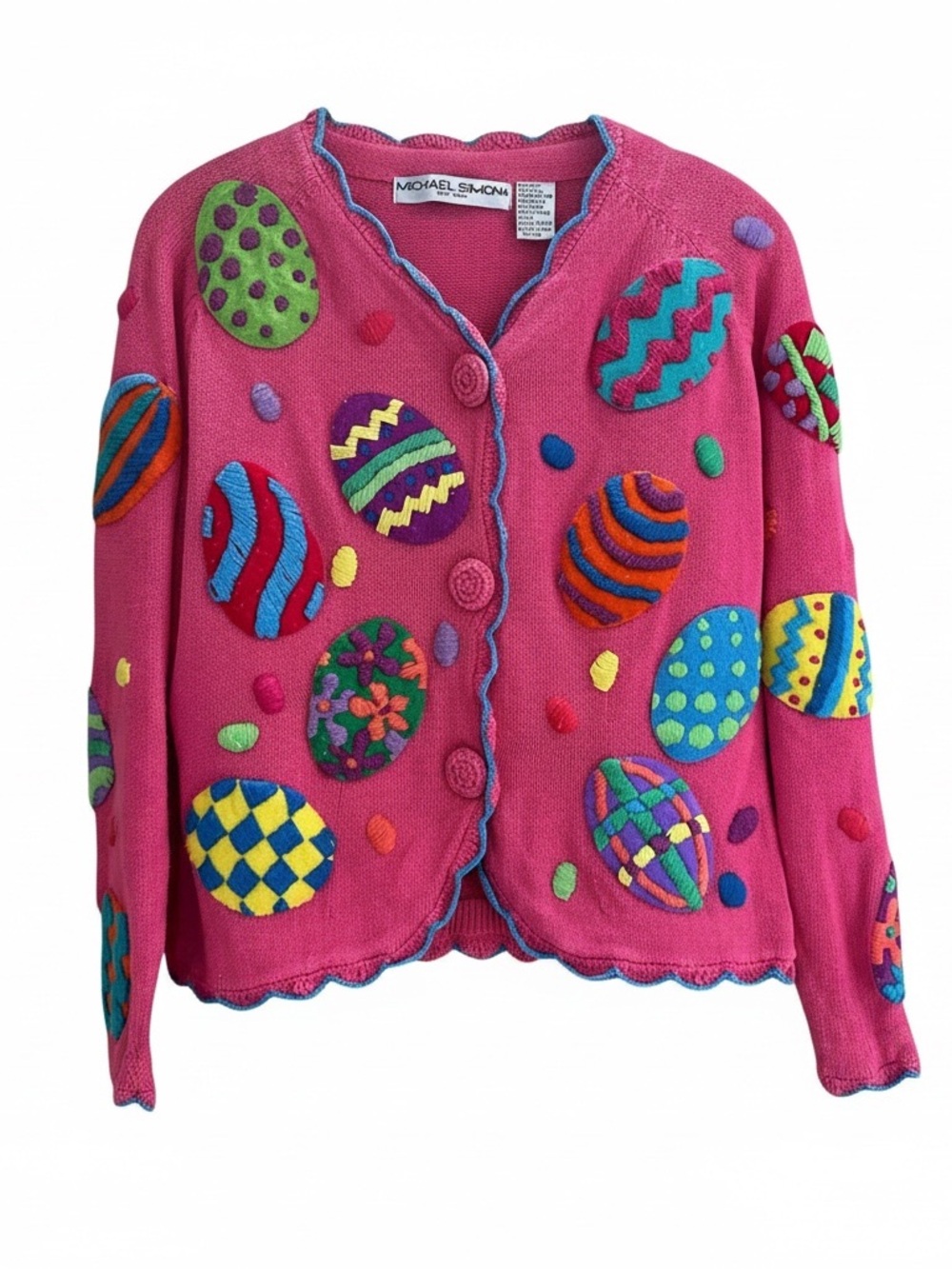 Michael Simon Vtg 1994 Pink Scalloped Embroidered Easter Egg Crop Cardigan M/L?